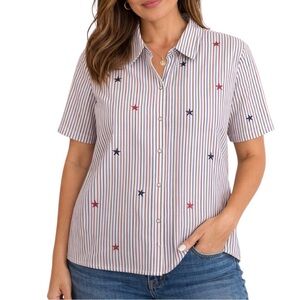 Alfred Dunner Patriotic Striped Star Button Snap Shirt Top 16W